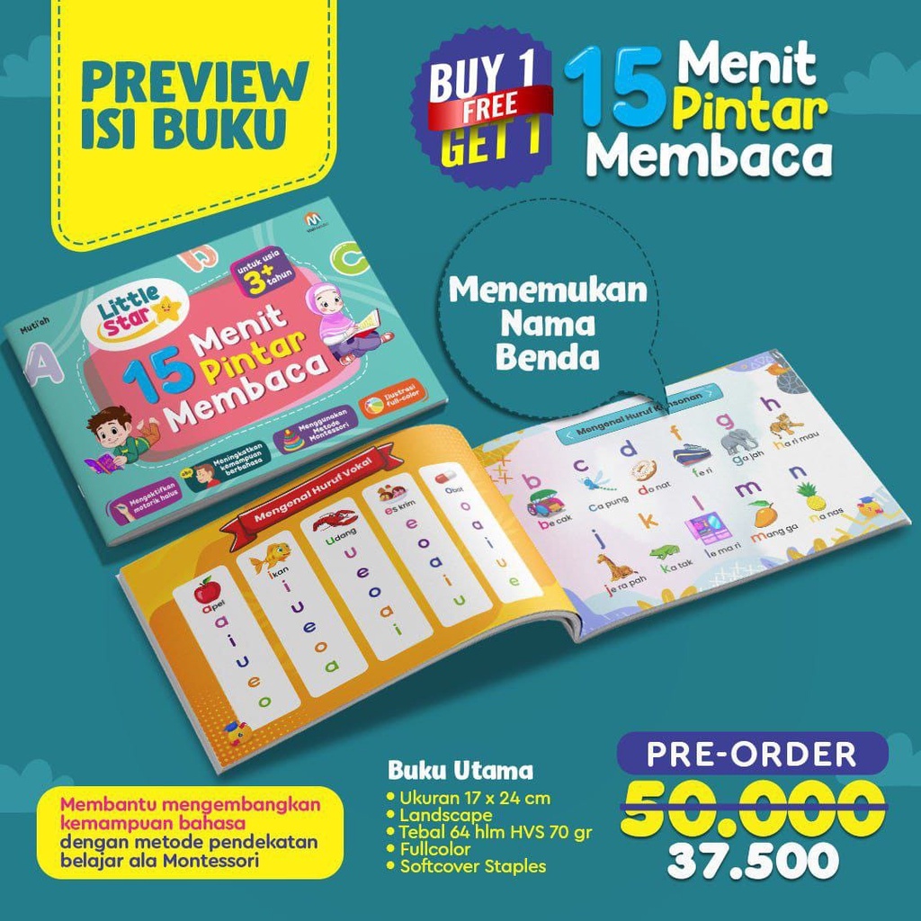 Buku Little Star 15 Menit  Pintar Membaca + Bonus Buku Menulis dan Berhitung