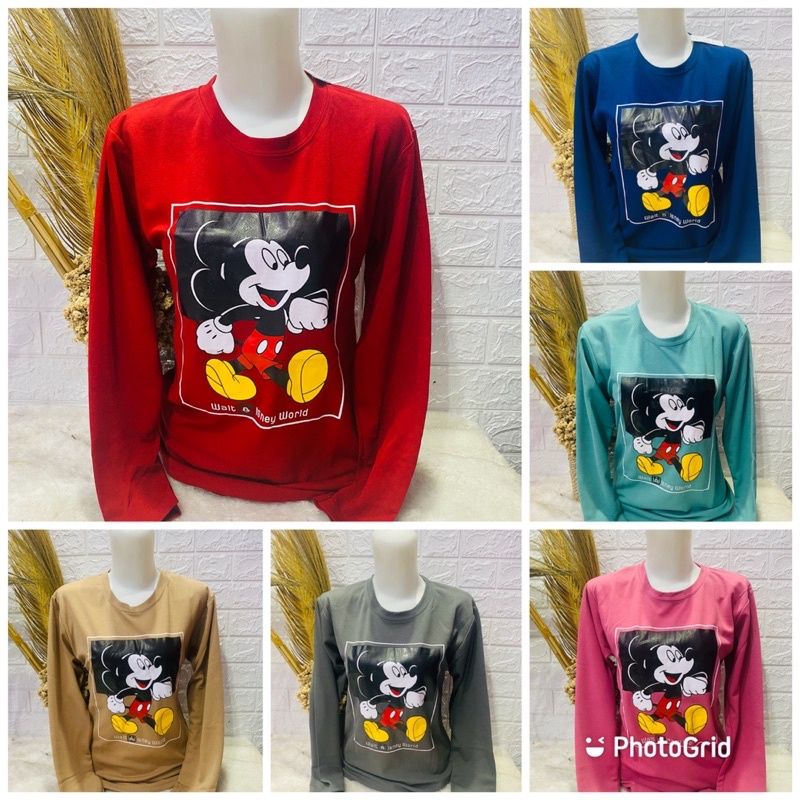 Kaos Lengan Panjang Wanita Gambar Micky Mouse Hello Kity