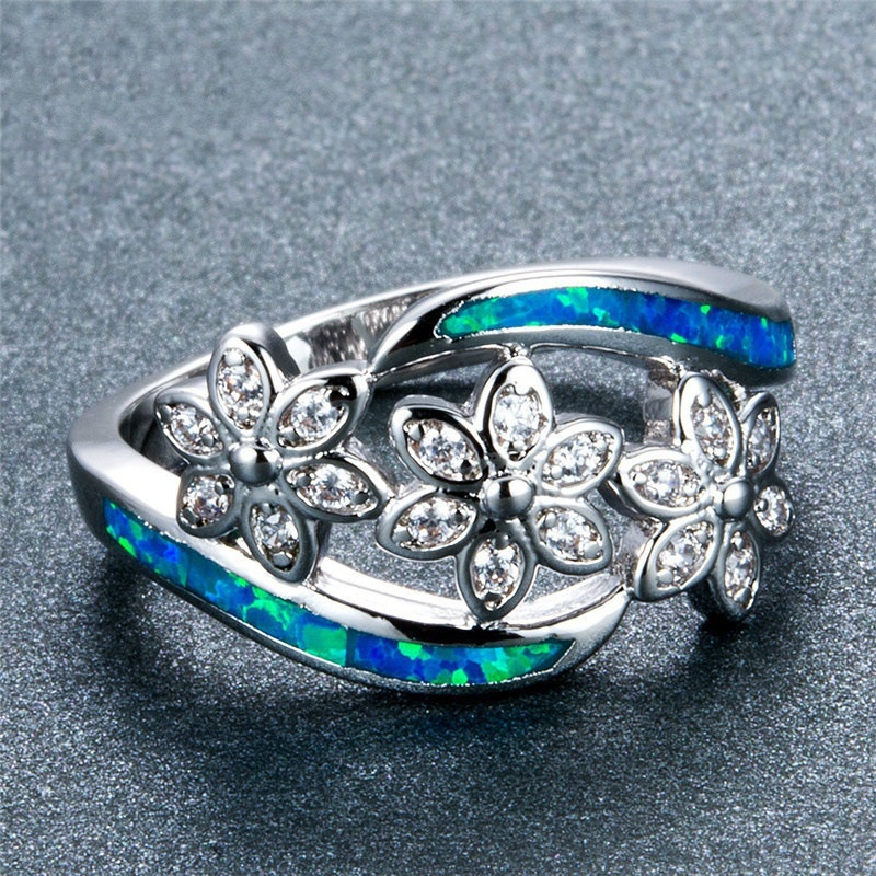 Opal Diamond Three Flowers Female Ring