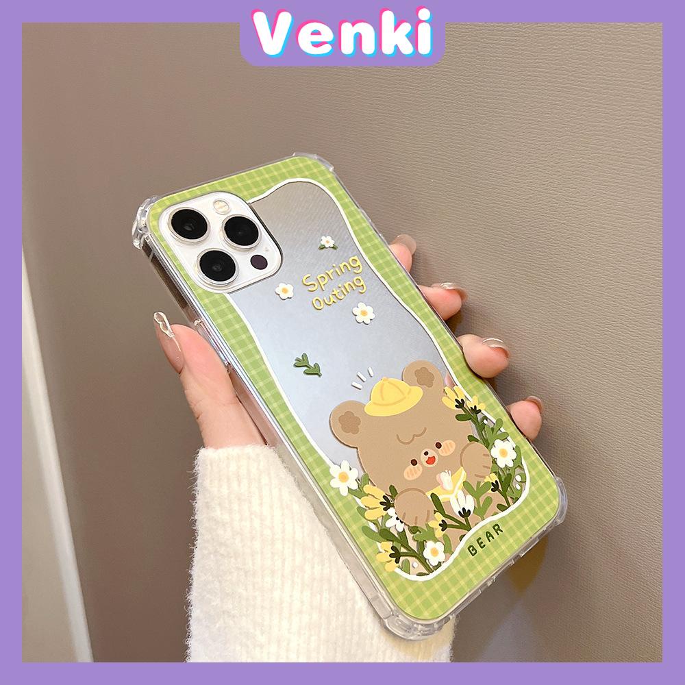 iPhone Case Acrylic Mirror Airbag Shock Resistant Big Hole Camera Protection Green Flower Bear Compatible For iPhone 11 iPhone 13 Pro Max iPhone 12 Pro Max iPhone 7 Plus