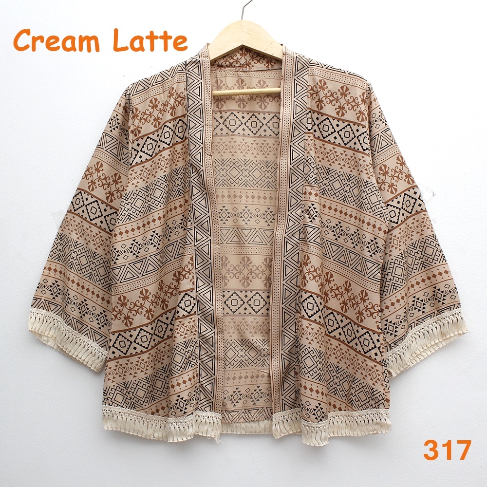 𝑱𝒂𝒌𝒂𝒓𝒕𝒂𝑭𝒂𝒔𝒉𝒊𝒐𝒏 cardigan outer batik tribal katun adem rumbai sisir keliling bohemian etnik boho styleO-317 Cream Latte
