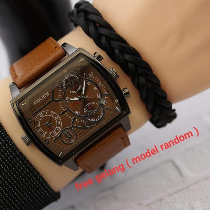 JAM TANGAN PRIA POLICE ORIGINAL KULIT DUAL TIME TANGGAL FREE GELANG