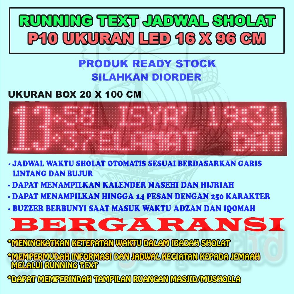 RUNNING TEXT JWS JADWAL SHALAT P10 MERAH HIJAU PUTIH 16X96 PIXEL