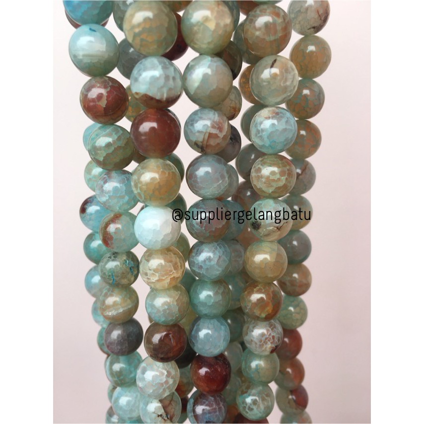 batu Aquamarine serat 10mm bahan gelang kalung alam biru kilap corak fashionita pria wanita craft