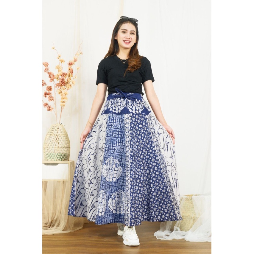 Rok Batik Cap Indigo Motif Seling Biru Kombinasi Bawahan Formal Wanita Casual Kantoran Katun Premium