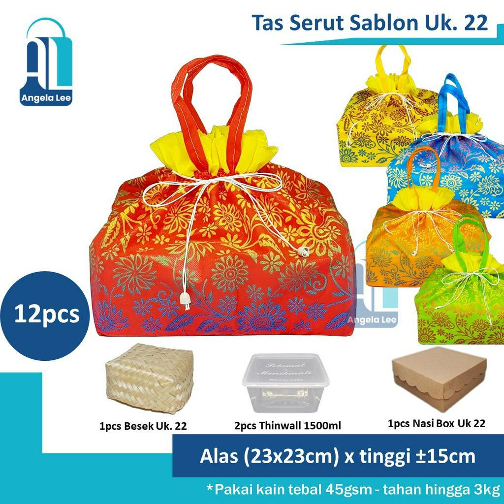 12pc Tas Kain Serut Spunbond Sablon Motif Hajatan Syukuran Besekan u/ 1dus 22x22