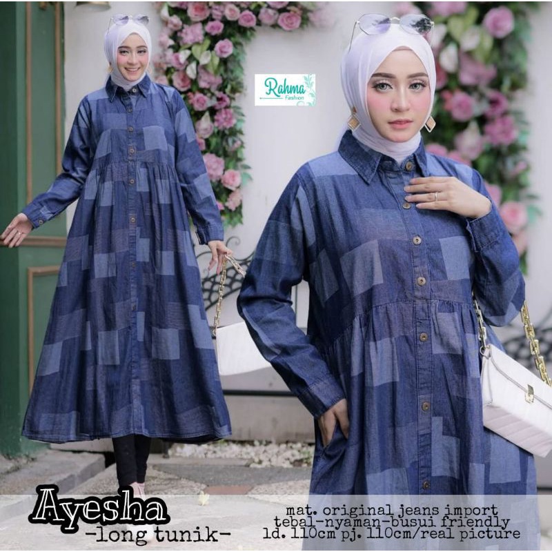 PROMO long tunik jeans MURAH.AYESHA LONG TUNIK.bahan jeans import tebal.BISA COD.ORI BY RAHMA