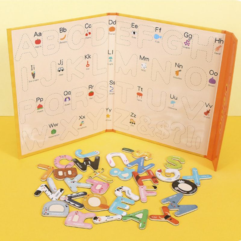 Mainan Edukasi Buku kayu Magnet Puzzle Montessori Mengenal Huruf ABC WOODEN TOYS PAIRING MAGNETIC ALPHABET WIPE CLEAN Kids Toy Magnetic 3D Puzzle Jigsaw Cartoon Animal 26 Letter match Wooden puzzle Educational toys for Children