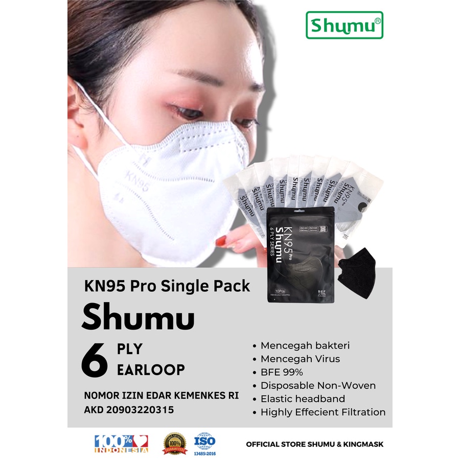 MASKER KN95 PRO 6PLY SHUMU SINGLE PAX EMBOS KEMENKES RI AKD 1 PACK 10PCS