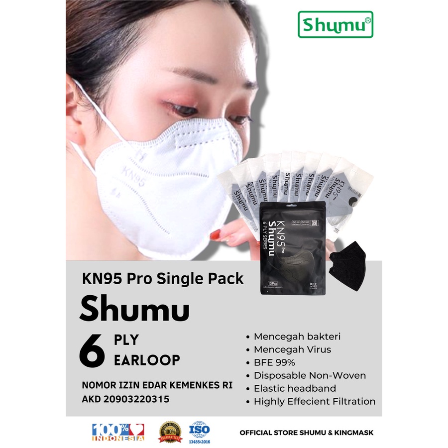 MASKER KN95 PRO 6PLY SHUMU SINGLE PAX EMBOS KEMENKES RI AKD 1 PC (ECER)