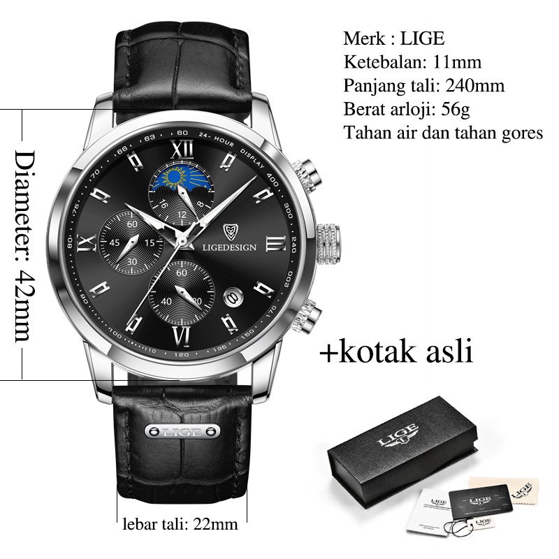 LIGE 8953 Jam Tangan Pria Original Fashion Tali Kulit Anti Air Kronograf aktif Sports Jam Tangan