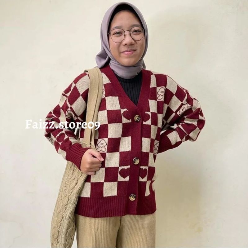 JASMINE CARDY RAJUT IMPORT OVERSIZE/CARDIGAN MOTIF KOTAK CATUR LOVED BAHAN RAJUT TEBAL LEMBUT PREMIUM STORE09 MURAH