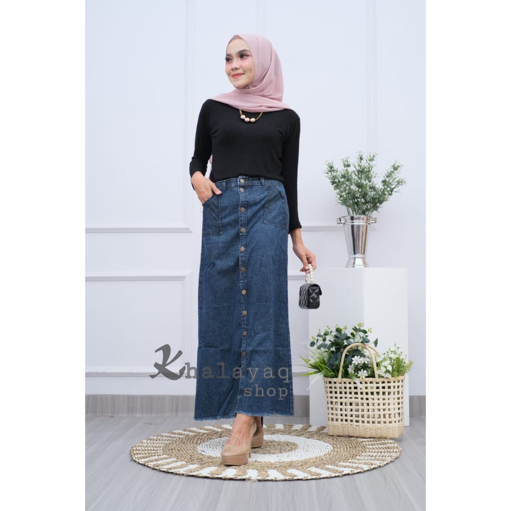 ORIGINAL Rok Jeans Panjang Gisca Kancing Depan Black Snow Blue Nevy bisa COD