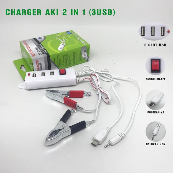 Travel Charger Aki Motor 3 Port Usb 2 IN 1 DC Tombol On/Off Casan Handphone