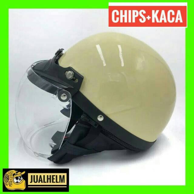 Helm Chips Cream Dengan Kaca - Helm Vintage - Helm Chip