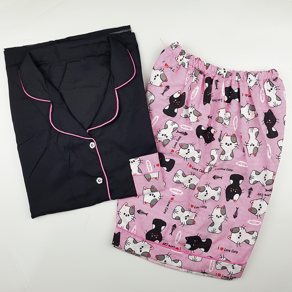 Setelan Piyama Dewasa Celana Pendek Lengan Pendek Hotpant All Size-HPL CAT PINK COMBINA