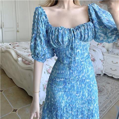 French square neck floral dress gaun musim panas wanita 2022 angin lembut baru peri temperamen manis