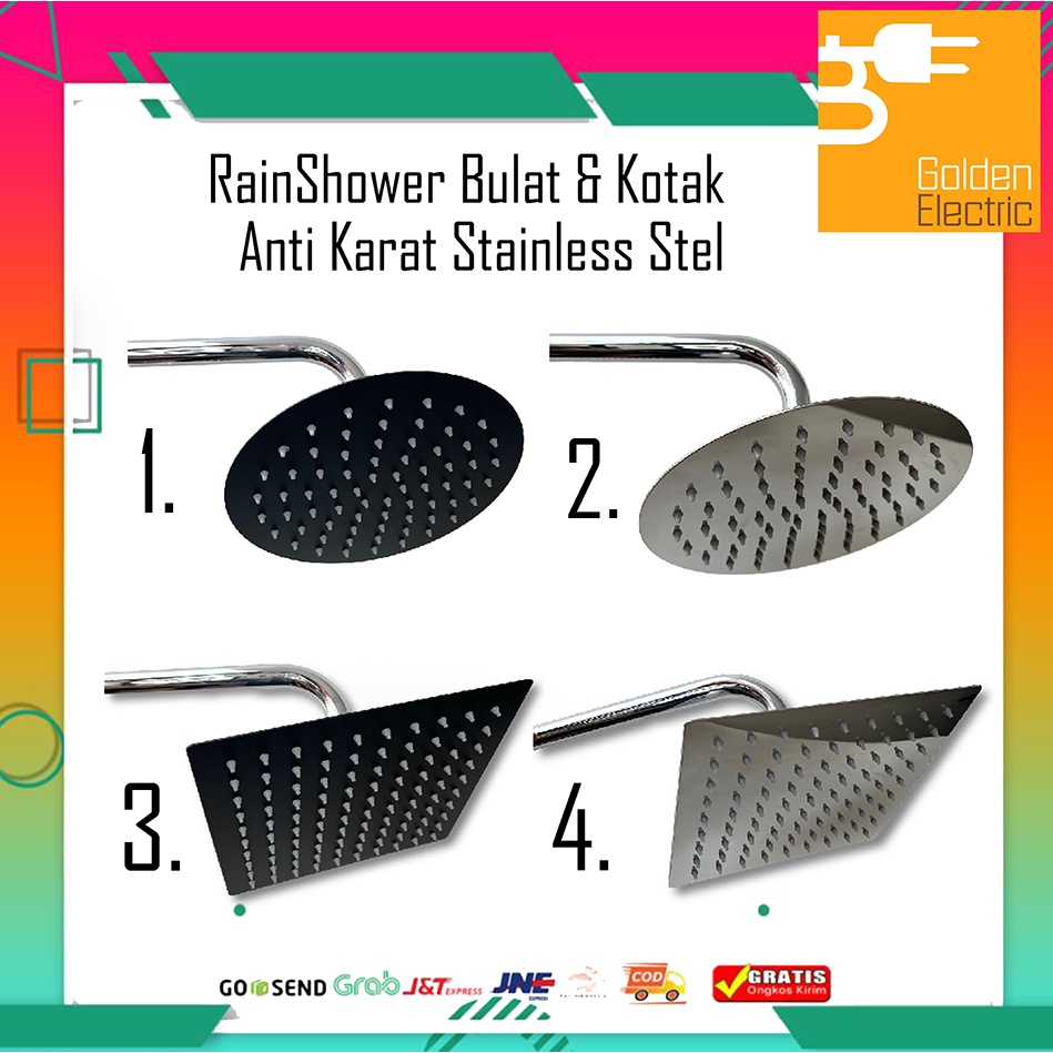 Rain Shower Head Wall Mandi Tembok Stainless Steel Kepala Kotak Hitam Bulat Silver