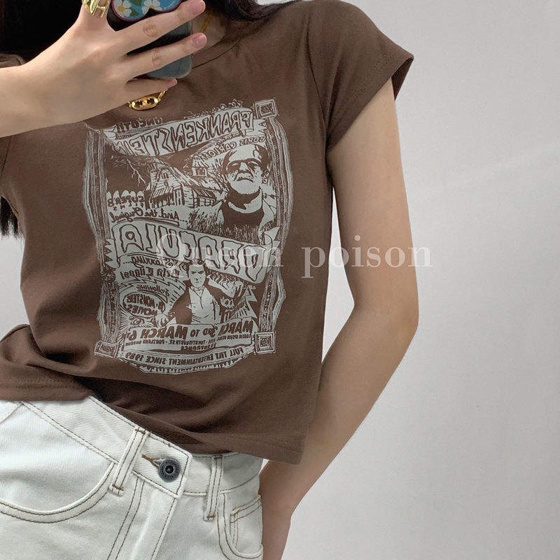 Suhao Kaos Wanita Lengan Pendek Musim Panas Baru Eropa dan Amerika Street Vintage High Street Bm Style Slim Fit Short Top