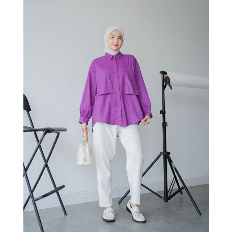 Kemeja blouse oversize gaudy kantong dua katun linen shirt ld 120 - Kemeja pocket wanita oversize - Kemeja fuchia wanita