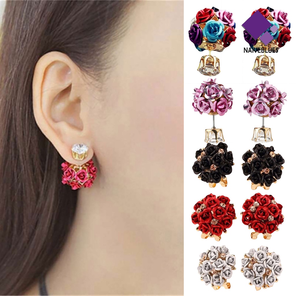 Anting Stud Bentuk Bunga Mawar Bahan Alloy Aksen Berlian Imitasi