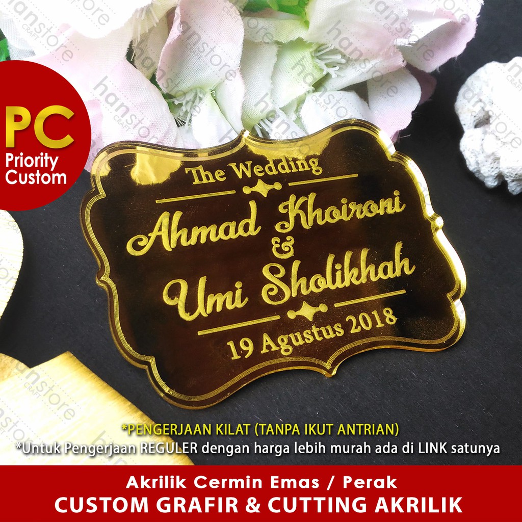 PC EXPRESS PO Nama Tanggal Nominal Text CUSTOM GRAFIR Cutting Akrilik Cermin Emas / Perak Mahar