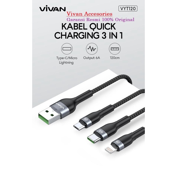 Vivan VYT120 3in1 Fast Charging Kabel Data Cable Micro USB-C Lightning