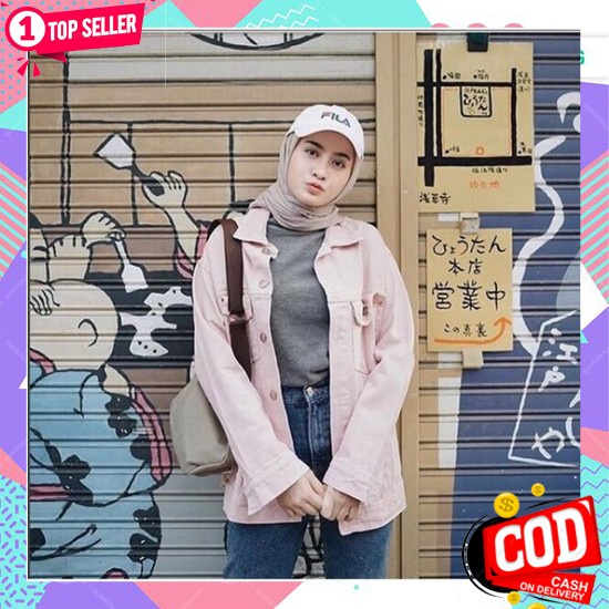 Bagus Banget.. Crop Jaket Jeans Jumbo Oversize Jins Denim Wanita Cewek Jaket Jeans Baby Pink Peach