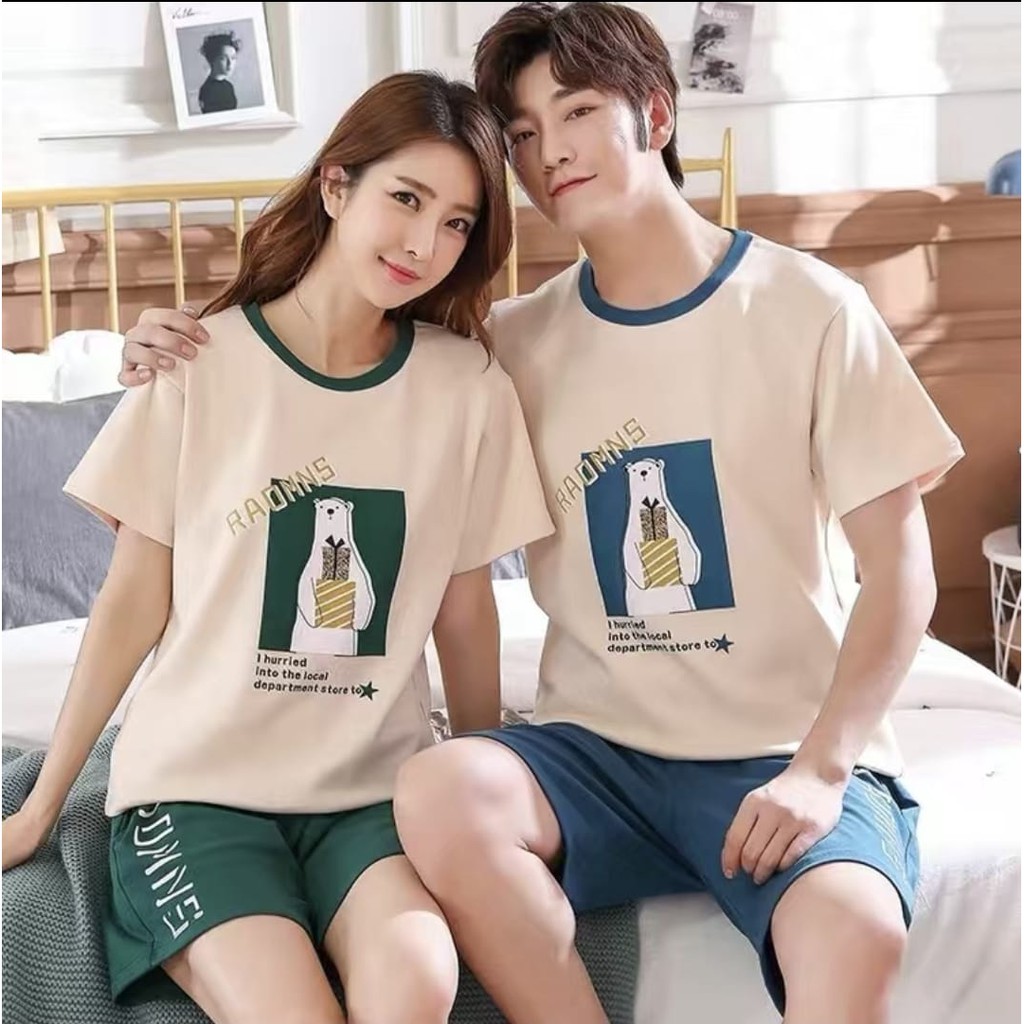 Baju tidur piyama couple bahan kaos import lengan pendek celana pendek HPcouple