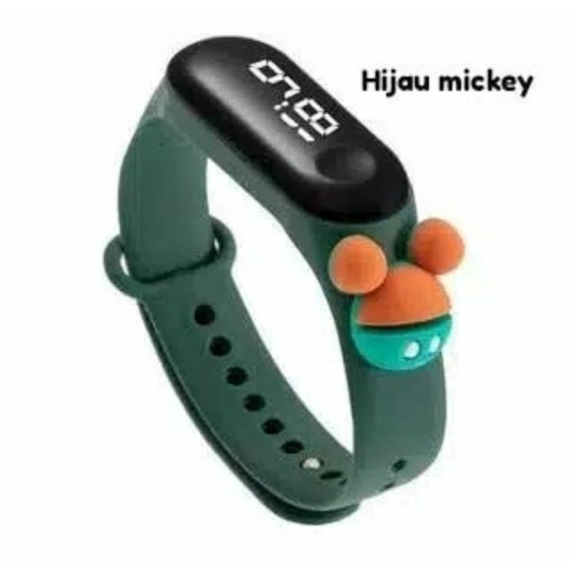 Jam tangan anak Elektronik LED display Tahan Air karakter motif kartun lucu  bahan rubber-Green Mickey