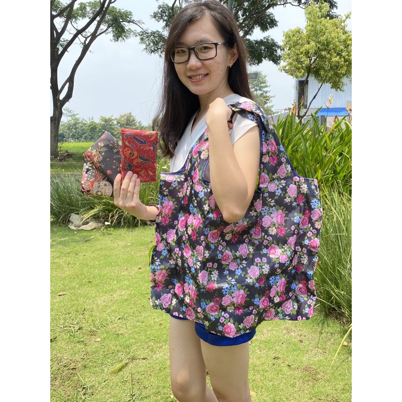 Tas belanja lipat wanita jumbo import tote shopping bag floral edition