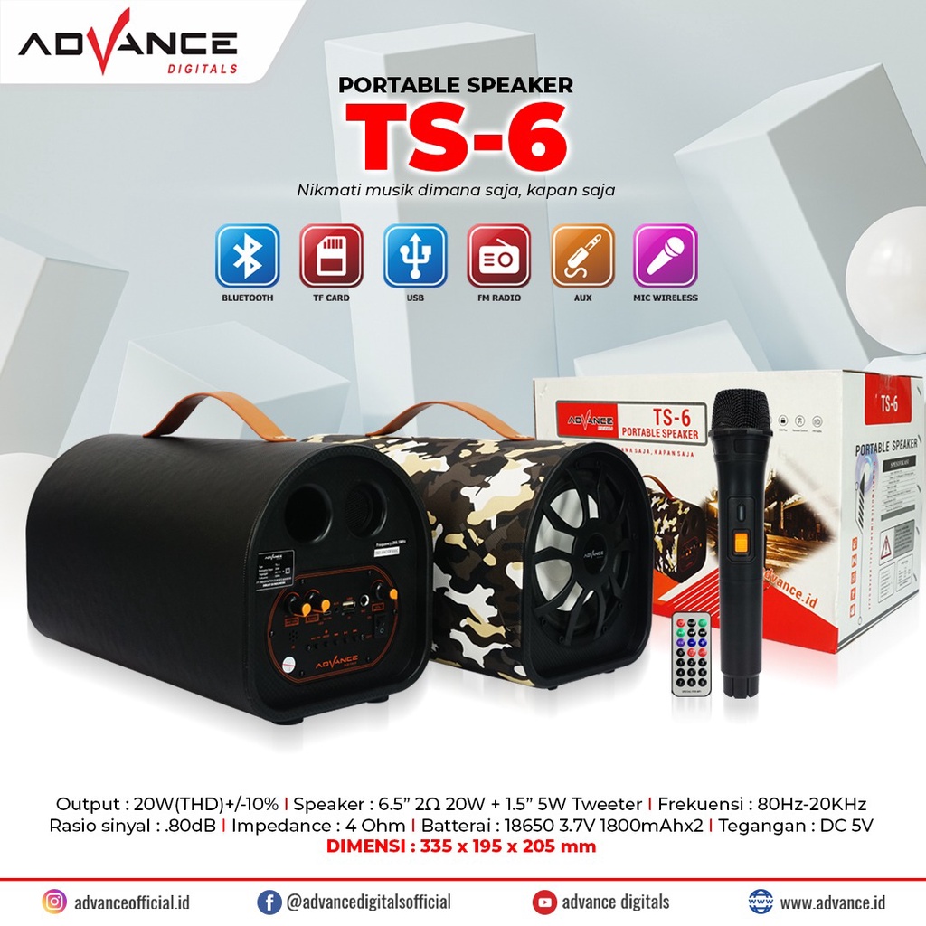 Speaker Tabung Advance + baterai TS 6 - 5 inch dengan mic wirles