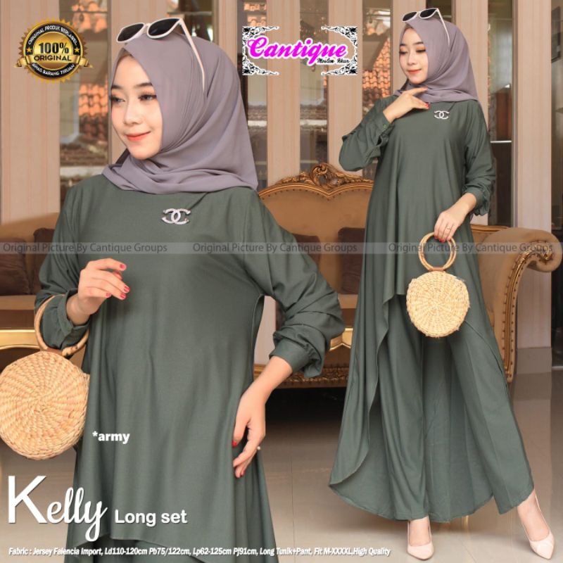 Kelly Long Set Pakaian Wanita Setelan Long Tunik + Pant Fab Jersey Falencia Import High Quality