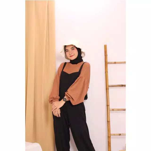 Overall Celana Remaja Wanita Jumpsuit Lucu Jumbo Oversized Hitam Polos Panjang Kekinian