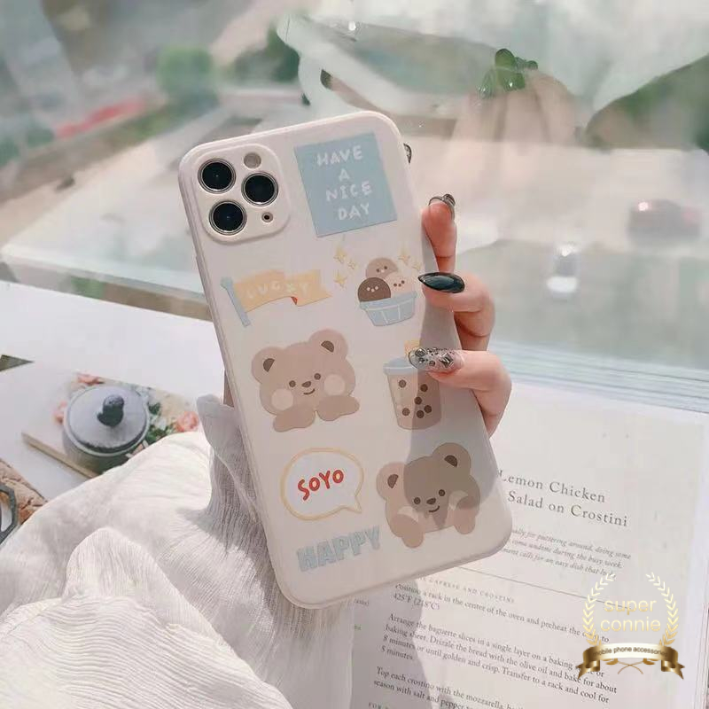 Kawaii Letter Case Kompatibel Untuk iPhone 7Plus 13 11 14 12 Pro Max X XR 7 8 6S 6 Plus XS Max SE 2020 Kartun Beruang Lucu Teh Susu Lembut tpu Penutup Tepi Lurus