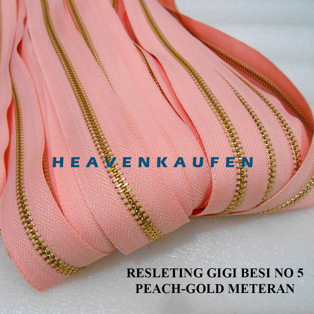 Resleting Zipper Gigi Besi Warna Peach - Gold Emas No 5 Meteran