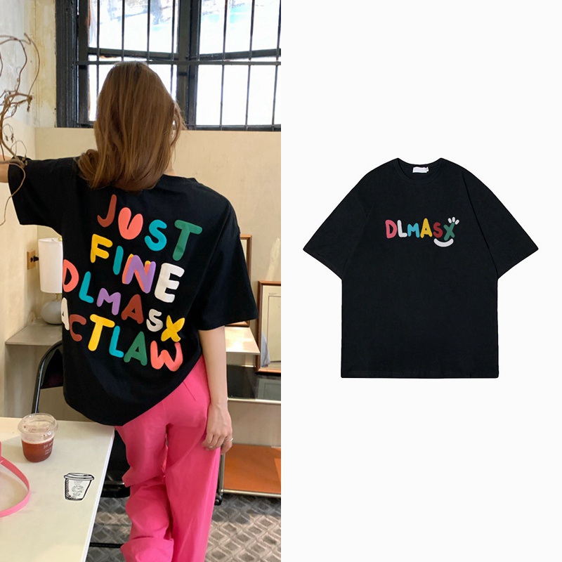 [100%  Katun]Colour Letters Kaos Oversize Kekinian Lengan Pendek Korean Style Printed T-shirt Baju Wanita Hitam