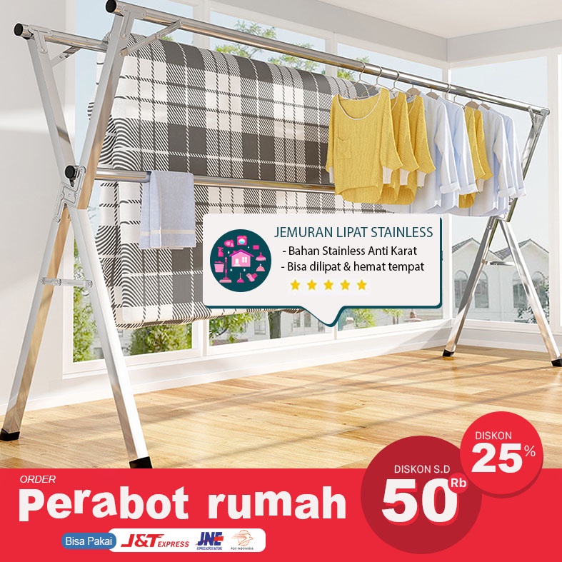 [COD] Jemuran Lipat Besi utk Baju Handuk Pakaian Bayi Stainless Steel 160cm & 240cm Balkon Portable 