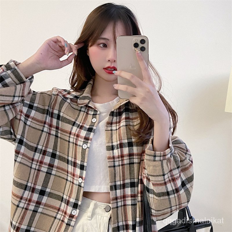 Blouse Kemeja kotak-kotak  Kemeja Berskha Kotak Korean Knit Lengan Panjang Kemeja kemeja hitam kemeja kunin