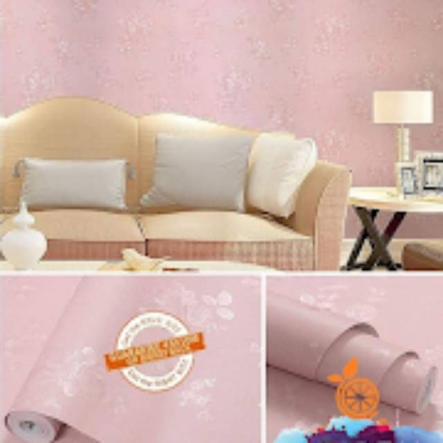 Wallpaper dinding PVC berstektur motif Polos berserat nuansa bunga 3D warna pink modern
