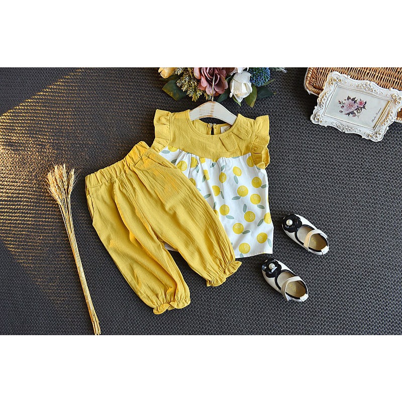 Promo !! Setelan baju anak cewek / Setelan orange yellow fruit import ukuran 1-4tahun (ungu,kuning)