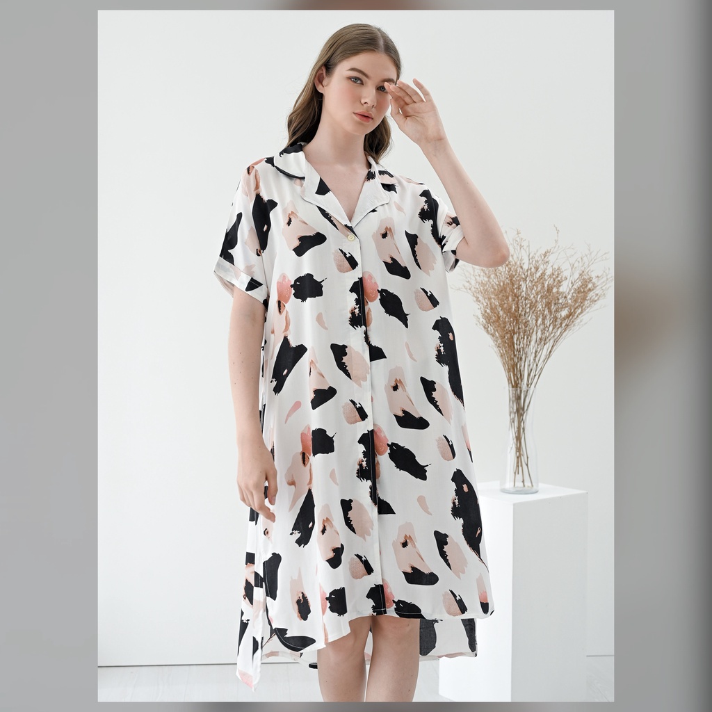 Yoko Nightdress - Sleepwear Daster-White Abstract