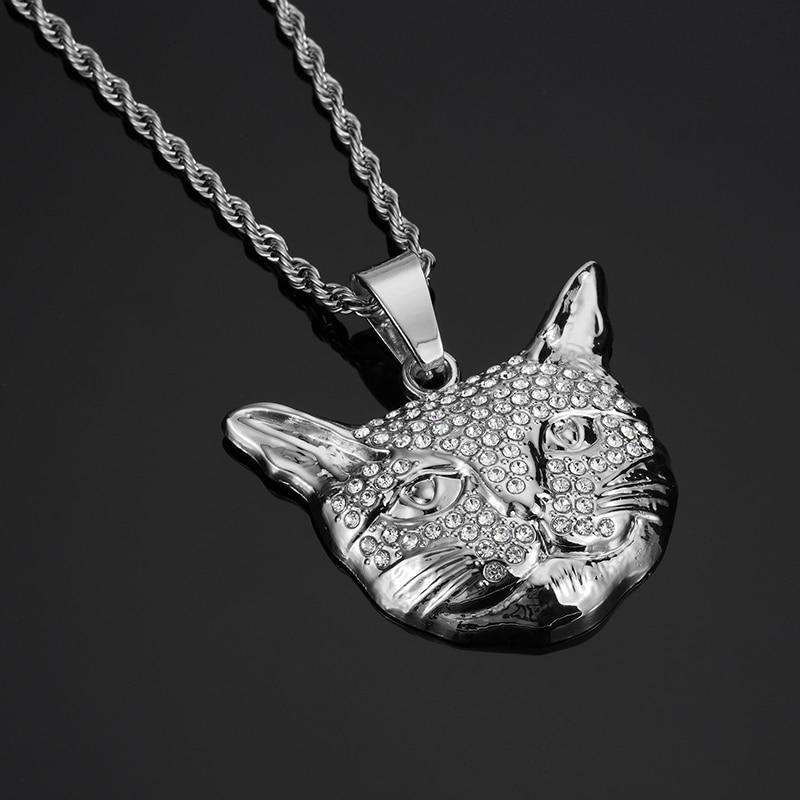 Kalung Rantai Liontin Kepala Kucing Bahan Zirkon Warna Emas Gaya Vintage Untuk Pria Dan Wanita