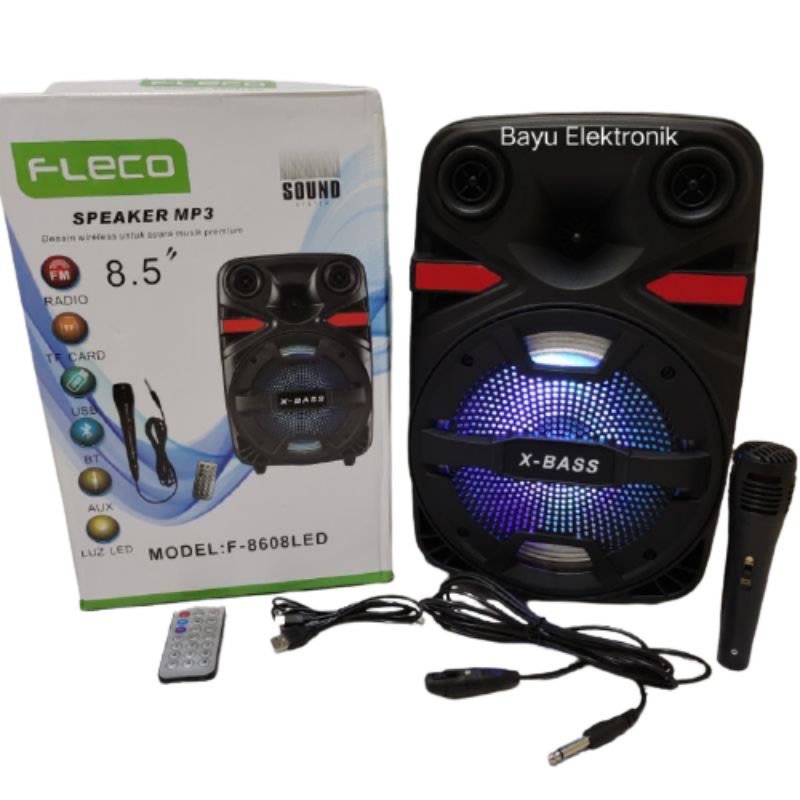 Speaker Bluetooth FLECO F-8608 LED 8.5 Inchi Bonus Mic Remote Speaker