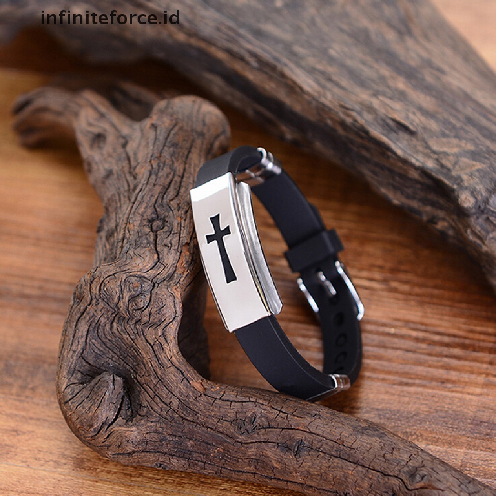 Infiniteforce.id Gelang Tangan Karet Hitam Aksen Salib Stainless Steel Untuk Wanita