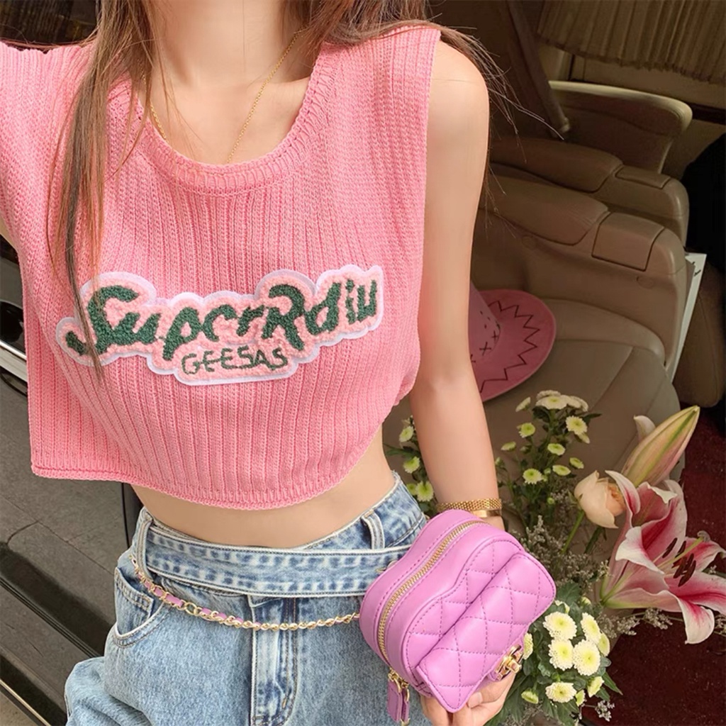 Women Knit Crop Top Sleeveless Atasan Wanita Tanpa Lengan 2169