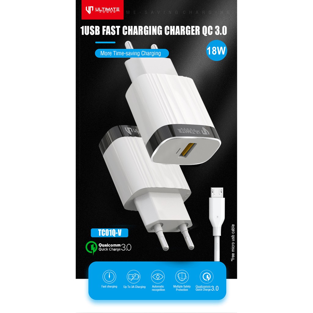 Kepala Charger Ultimate 1USB Fast Charging Charger QC 3.0 free Micro USB Cable Gransi resmi ultimate