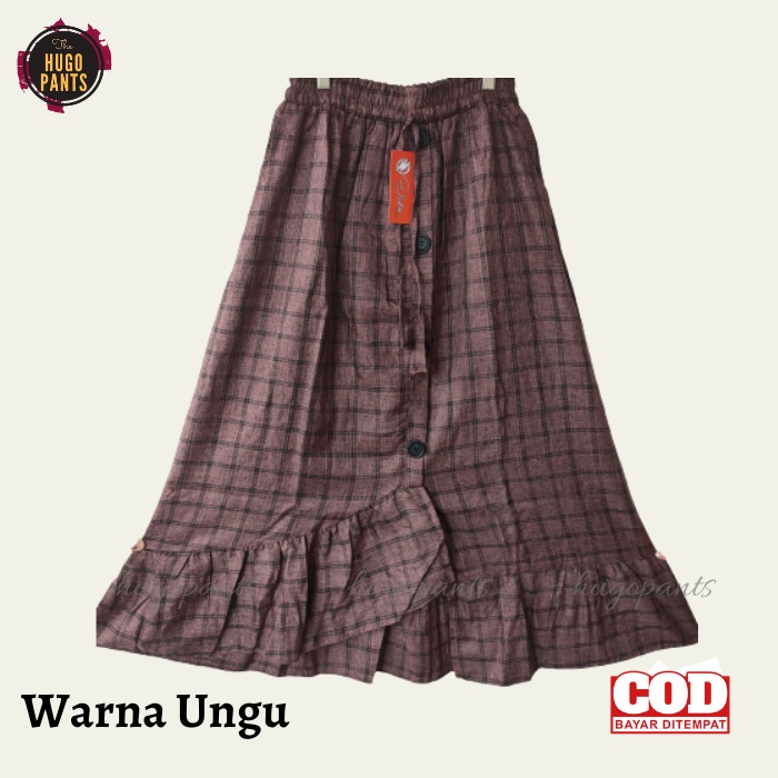 ROK TARTAN PANJANG REMPEL JUMBO KANCING DEPAN WANITA BAHAN SEMI WOLL PAKAIAN WANITA KEKINIAN-PLUM