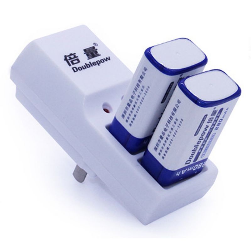 Doublepow Charger Baterai 2 Slot for 9V with 2 pcs 9V battery 280 mAh DB-B09-white