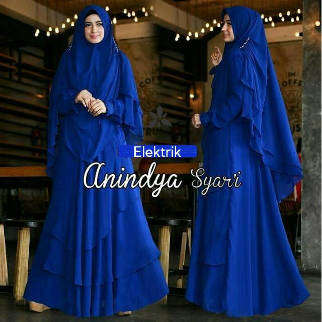 TERBARU  baju busana muslim wanita GAMIS POLOS BIRU ELEKTRIK CERUTY ELEGANT SET KHIMAT SYARI